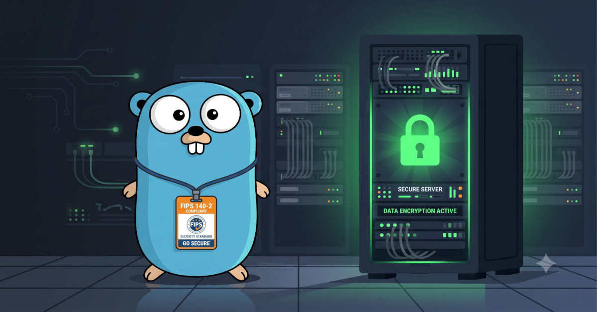 A Go gopher wearing a FIPS compliance badge, standing in front of a server rack with a green padlock icon glowing on the front panel. Clean flat illustration, tech blog style, dark background.